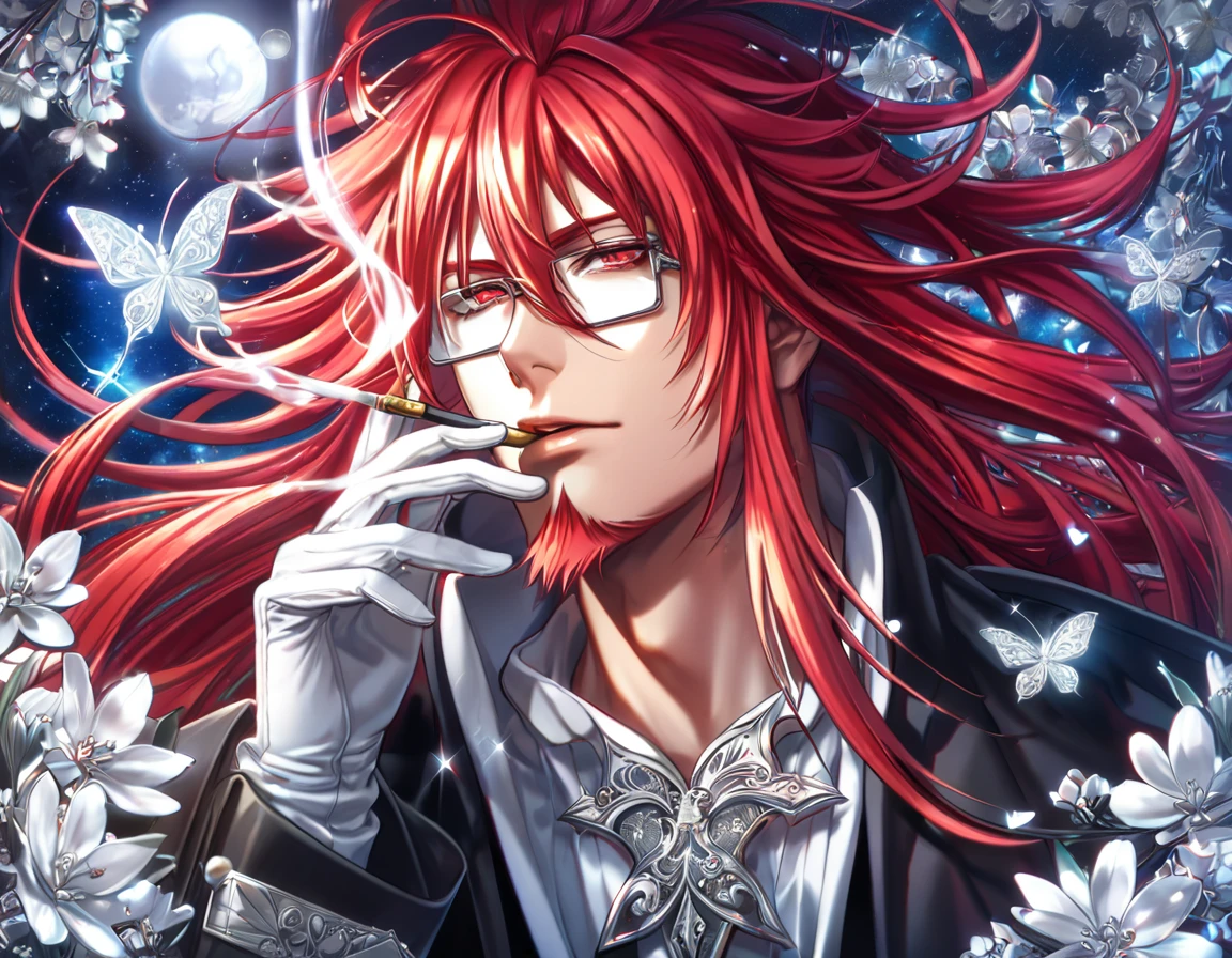 absurdres, highres, ultra detailed, HDR, master piece, best quality, extremely detailed, Cross Marian, red hair, long hair, messy hair, red goatee, hair between the eyes, expressive red eyes, D.Gray-man, rectangular glasses, solo, sexy man, handsome, sensual, black coat, white gloves, smoking, fantasy, magical, shining, silver flowers, blossoms, water, silver petals, silver butterflies, sparkling, silver moon, starry sky