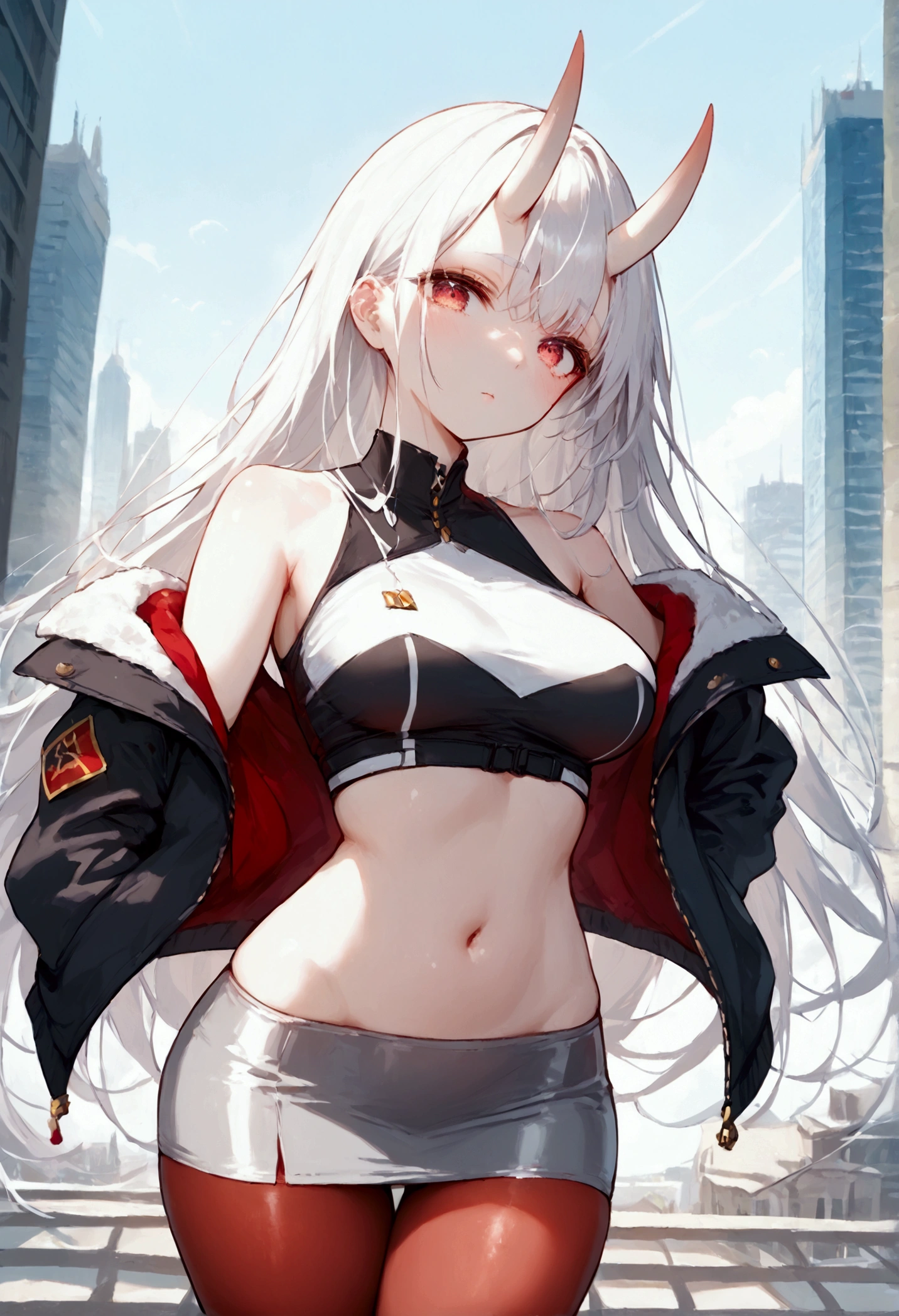 score_9, score_8_up, score_7_up, source_anime, (masterpiece), best quality, expressive eyes, perfect eyes, perfect face, oni girl, oni horns, red eyes, soft lips, long hair, very long hair, wide hips, (white hair:1.2), (white eyebrows:1), (white eyelashes:1), medium breasts:0.5, higuchi madoka, big breasts:0.3, standing, background: City, black shirt, sleeveless shirt, midriff, see-trough, grey skirt, single leg pantyhose, pantyhose, fur-trimmed jacket, black jacket, off shoulder