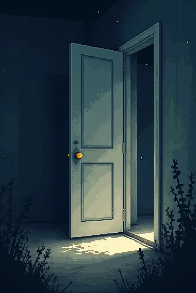Create an image of a white door with a yellow knob on a dusty house being closed. In the middle of the darkness.,all this with a pixelated style similar to the visual style of Undertale.