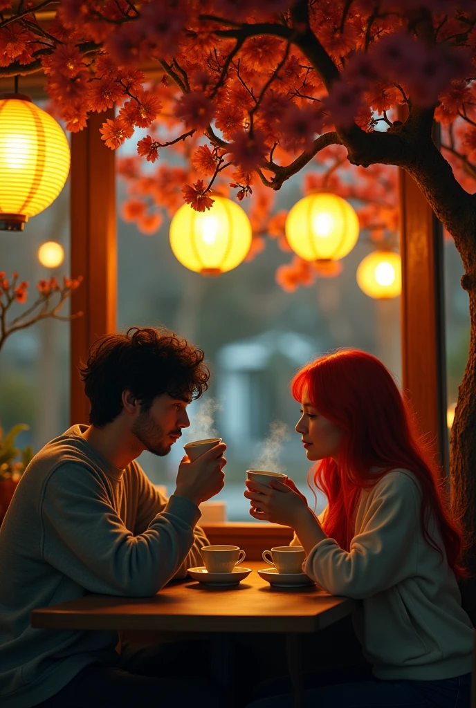 White man in sweatshirt with black hair drinking coffee from a cup, red-haired white woman drinking matcha in a coffee shop at night under a tree with red flowers and yellow Japanese-style round lights