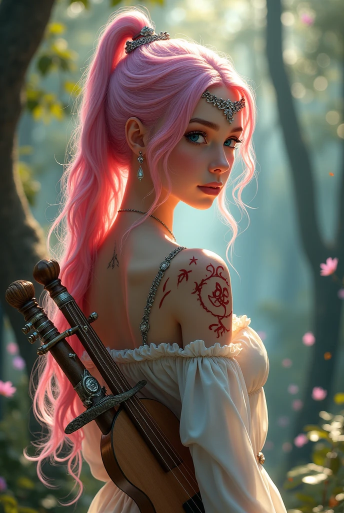 A very beautiful and young girl, Her hair is extremely pink and she has two blue streaks, Your skin is white and delicate, and it has red magical symbols on your shoulders and neck that are like tattoos., Her clothes are very elegant and chic, demonstrating wealth, She is the daughter of a fairy and carries with her her lute and two beautiful delicate swords. She is a bard and loves music., She always has her mandolin in her hands, her beautiful swords on her back, and a glow on her cheeks and under her eyes. She also wears a tiara.