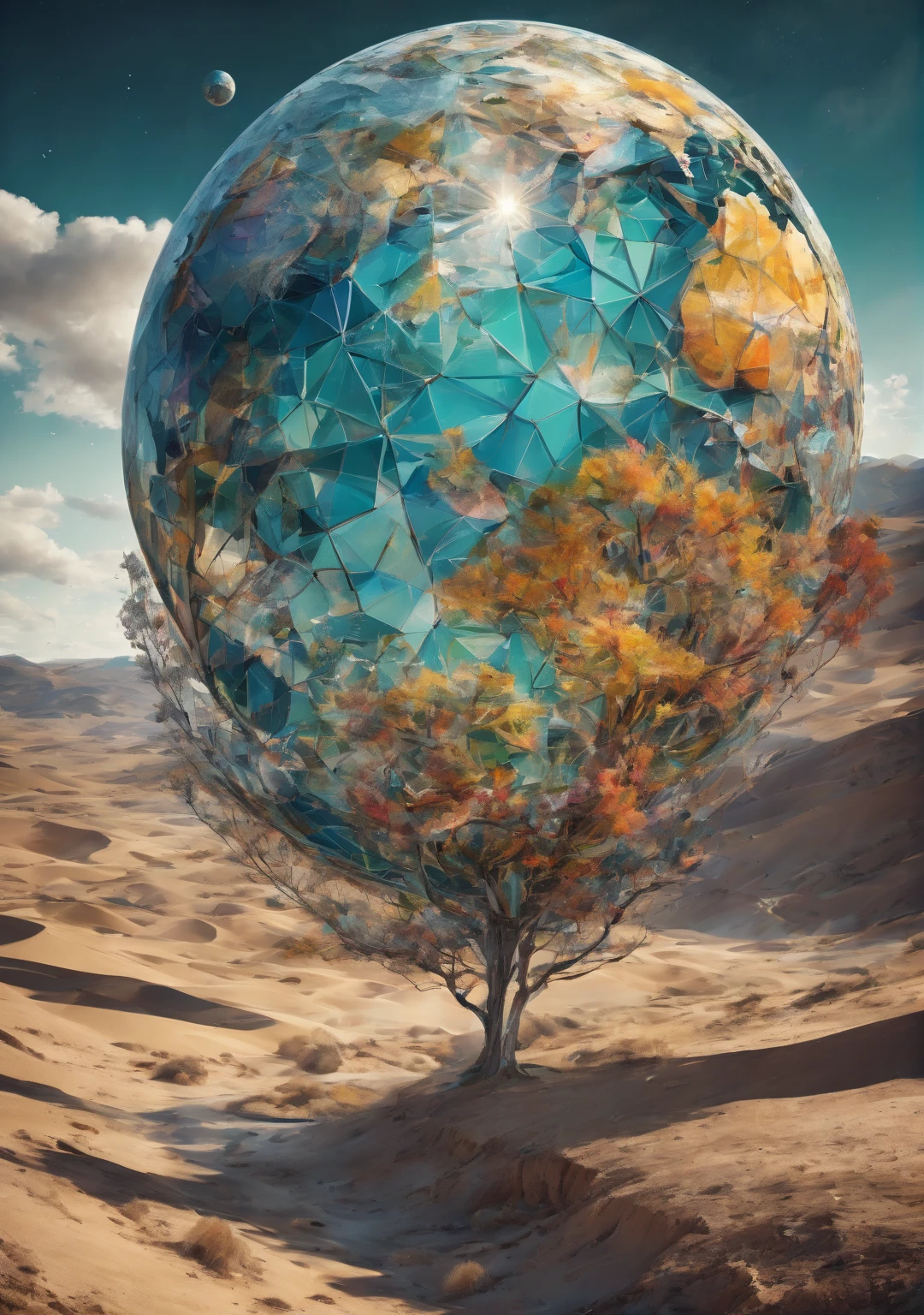 "Visualize an interpretation of the earth on one side of the face. Break down the shape of the Earth into geometric shapes and fragmented planes, To capture its movement and energy in a unique and abstract way. Incorporate bold colors and sharp angles, to convey a feeling of movement and tension. Play with perspective and layering, to create a multidimensional composition, which questions traditional notions of space and form. Be inspired by the avant-garde spirit of surreal realism and see nature in a fresh and innovative light.. Unleash your creativity, as you bring this imaginative scene to life on the screen
