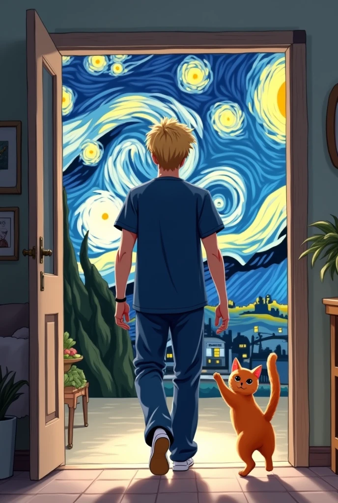 Can you create a 2D Polaroid drawing of a painting in the background, one piece , A tall, thin, blonde nursing student in a navy blue medical uniform, He will enter and his orange cat will greet him, that it's tender and looks like a cartoon, the background can be a painting of the starry night, It can be with less color, that it looks like a cartoon and it is to print in a photo frame, I need the student to be entering his house and the kitten to welcome him tenderly, It is for printing so it should be less colorful, almost black and white., It could be the first image you created but with less color and more aesthetic.