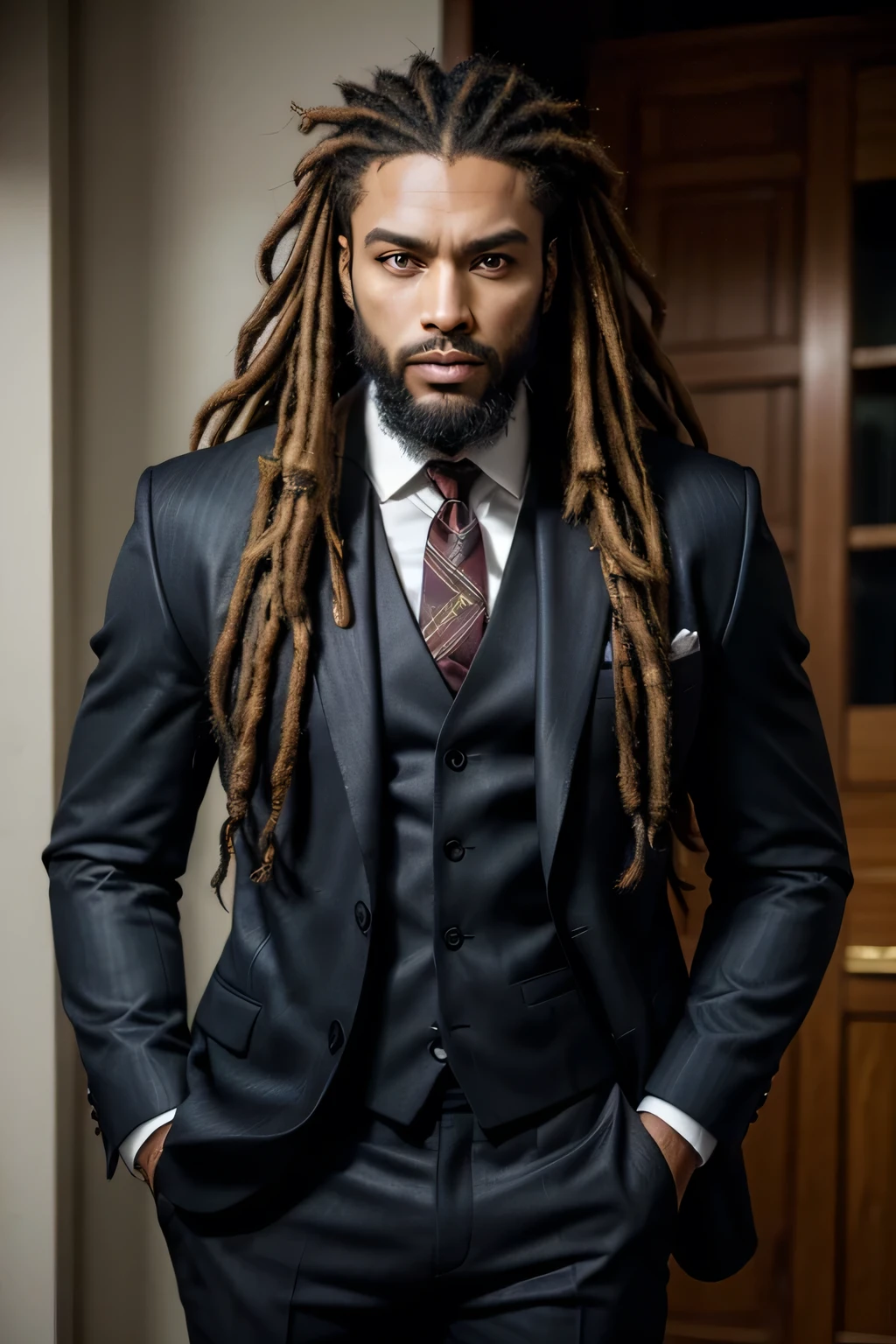 homem negro forte, com barba e dreads marrom, with suit
