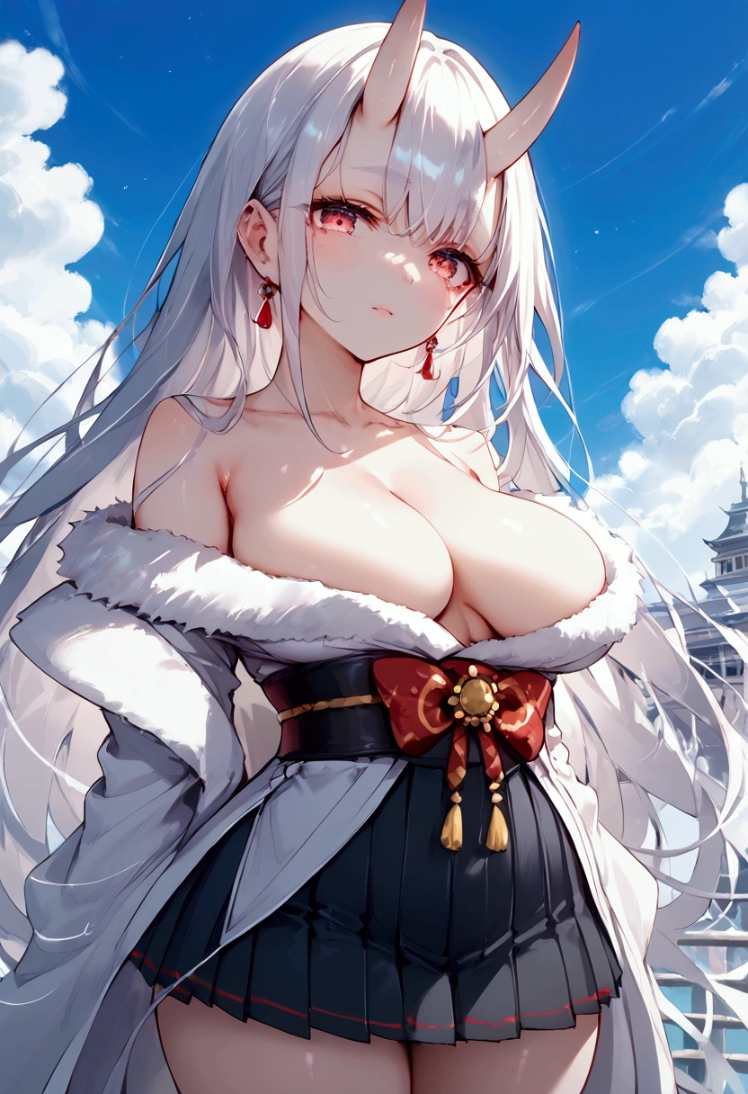 score_9, score_8_up, score_7_up, source_anime, (masterpiece), best quality, expressive eyes, perfect eyes, perfect face, oni girl, oni horns, red eyes, soft lips, long hair, very long hair, wide hips, (white hair:1.2), (white eyebrows:1), (white eyelashes:1), medium breasts:0.5, higuchi madoka, big breasts:0.3, standing, background: City, white kimono, off-shoulder, fur-trim, black hakama, short skirt