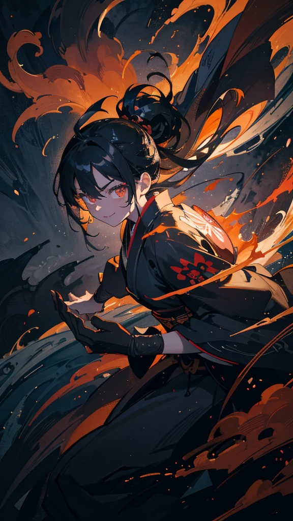 Ink Painting, 1color, whole body, smile, ミディアムヘア, warrior, Black kimono, (Haori), (Extend your arm and perform an intense sword fighting scene.), Drawing of strokes drawn with rotting ring 0, Dynamic movement and powerful brushstrokes、splash, Surrealism, cinematic lighting, chiaroscuro, UHD, high details, best quality, highres, 8k