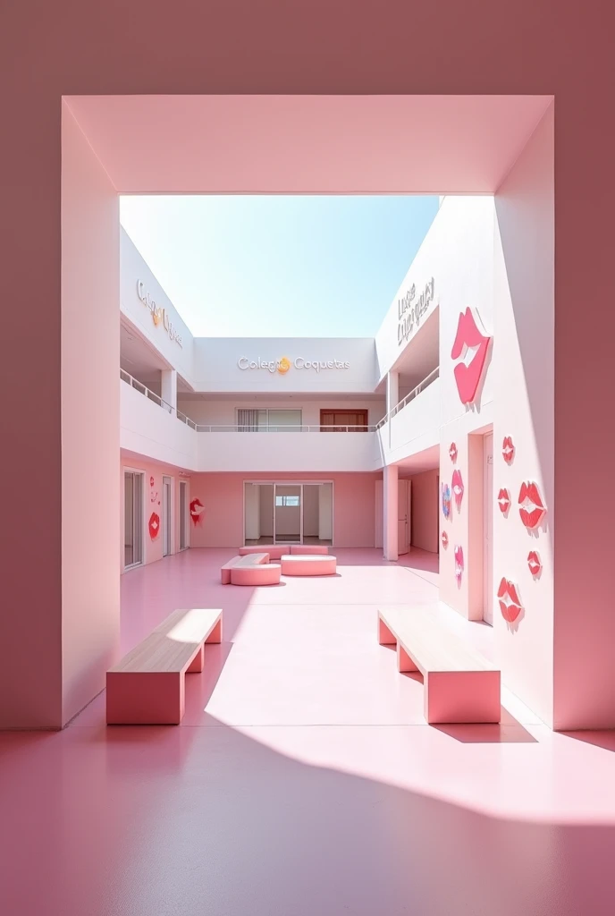 (photorealism:1.2) Looking at the empty in a pink girls' school inside yard with pink benches, from a window inside of a pink and white modern school building, clean in good shape, the sign "Colegio Coquetas" and the signs of many kisses 💋 on the walls, not childish drawings on the walls can be seen, realistic, intricate details