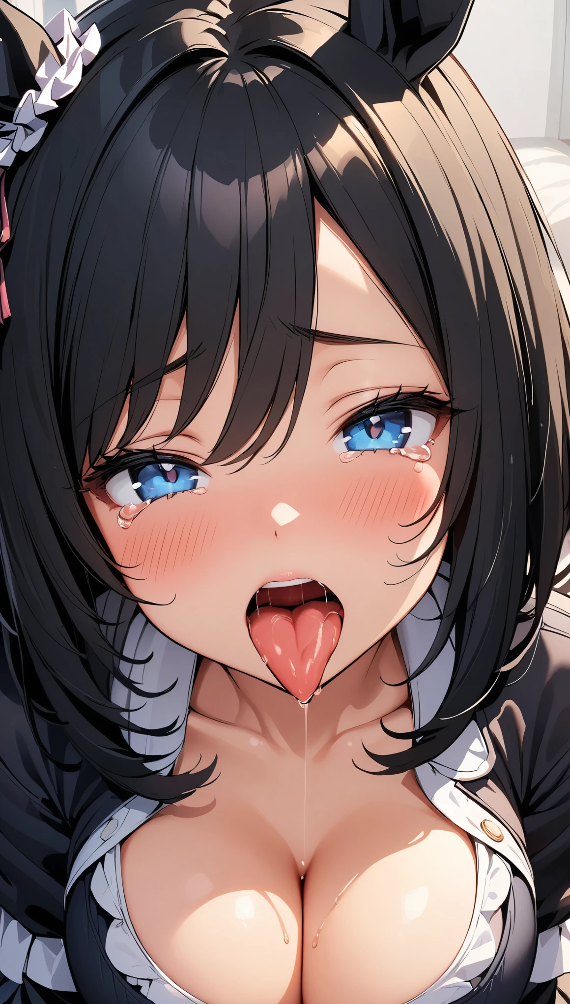 beautiful detailed eyes, Blue eyes, half-closed eyes, tareme, [1girl, eishin flash \(umamusume\), umamusume], (opened big mouth, licking, Sticky tongue), nsfw, (close-up mouth), (curvy, Slender),(cleavage), from above, Highest quality, Super detailed, masterpiece, Ultra-high resolution, 8k, Embarrassing, blush, Lovely, (With tears in my eyes), Sticky saliva