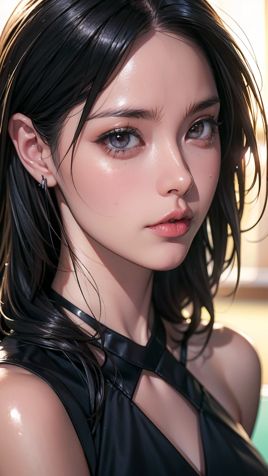 photoRealistic, Lip gloss, Realistic, Highest quality, Ultra-high resolution, depth, pastel colour, Natural Shading, Focus on the face, Only the face, Looking at the audience, Long Hair, Black Hair, Brown, well-detailed eyes, Black Dress, gloves, Anatomically correct