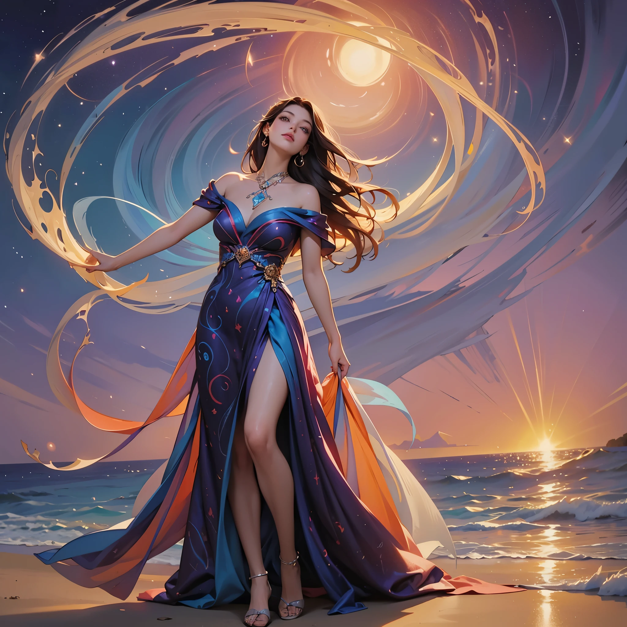 a woman in a long dress standing on a beach with a swirl of light, woman spinning in a circle twirling dress, flowing magical robe, dress made of fire, swirling magical energy, fantasy woman, dramatic lighting fantasy, beautiful celestial mage, glowing with magic, fantasy gorgeous lighting, flowing robes, flowing dress, fantasy photoshoot, neon colors flowing gown, colorful swirling luminescent dress, goddess of light, softly swirling magical energy