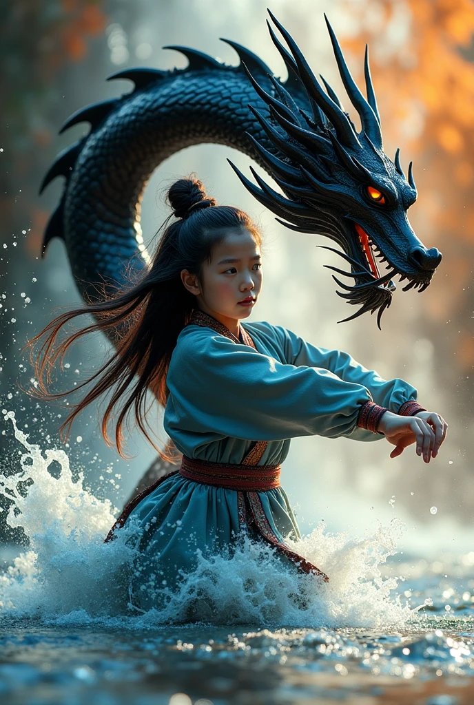 photorealistic double exposure of a dragon{black_metal dragon(dancing stance)(shiny)(reflective metal texture)(sleek and polished)(break)} and 1girl, wu-shu athlete in motion, blurred edges, slow shutter speed motion photography, shot on FujiFilm XT4 camera f/1.3. ISO 200, long hair, dramatic light, intricate detailed, a water element transition movement of color background(face detailed:1.5)