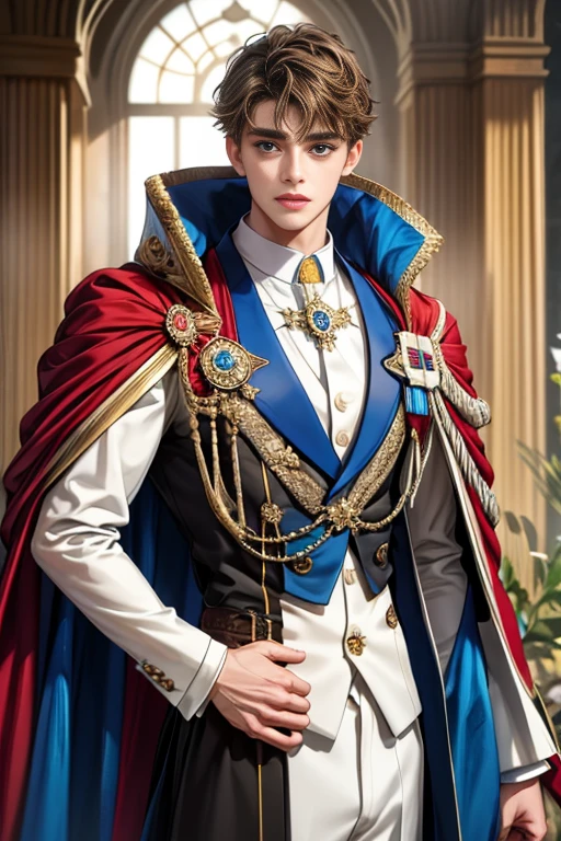 masterpiece, 最high quality, high quality, 1 boy, alone, Male focus, Watching the audience, Messy brown hair, Adorable big blue eyes, White, Noble, Noble, Beautiful tailcoat、A very voluminous, large, very large, very large, long, long red and black cape with a high stand-up collar, made of a lot of fabric that reaches down to the floor., ,Cute beautiful boys,Cute, cute, kind, handsome guy