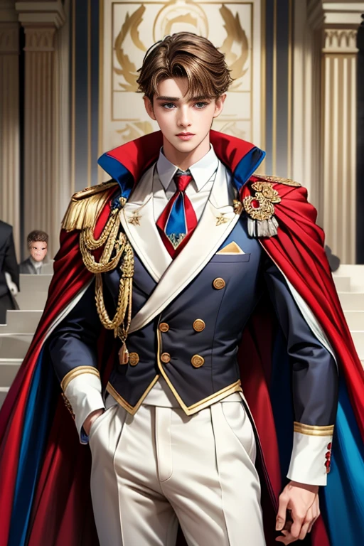 masterpiece, 最high quality, high quality, 1 boy, alone, Male focus, Watching the audience, Messy brown hair, Adorable big blue eyes, White, Noble, Noble, Beautiful tailcoat、A very voluminous, large, very large, very large, long, long red and black cape with a high stand-up collar, made of a lot of fabric that reaches down to the floor., ,Cute beautiful boys,Cute, cute, kind, handsome guy