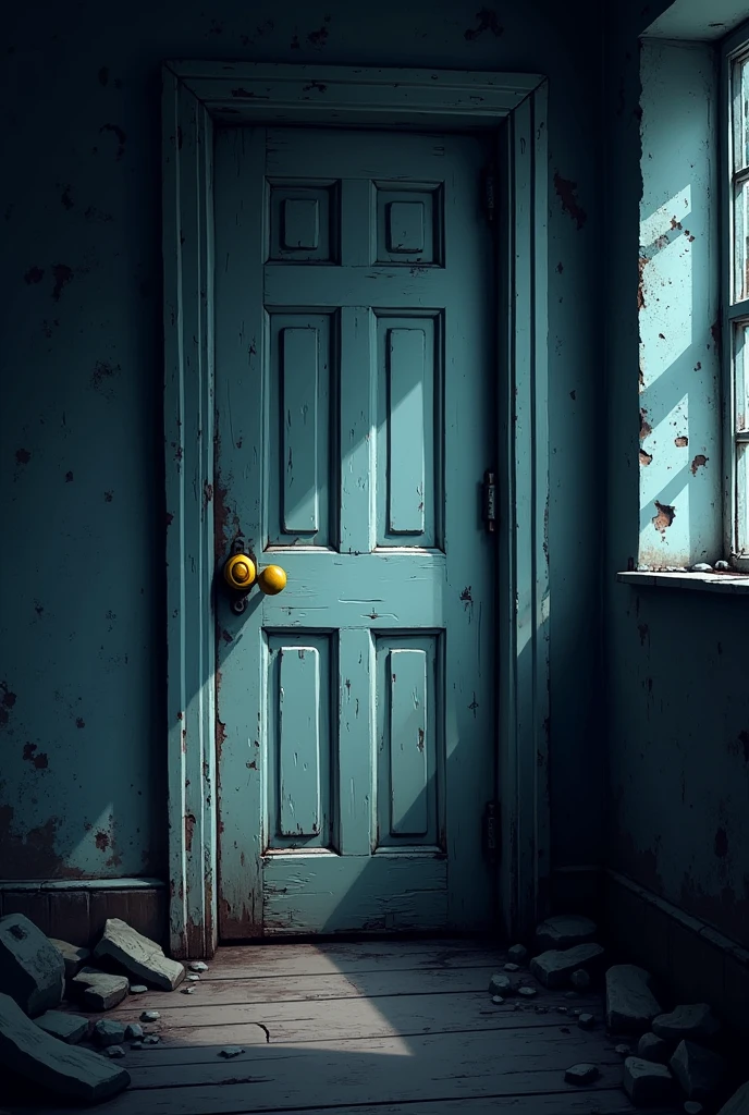 Create an image of a white door with a yellow knob on a dusty house being closed. In the middle of the darkness.,all this with a pixelated style similar to the visual style of Undertale.