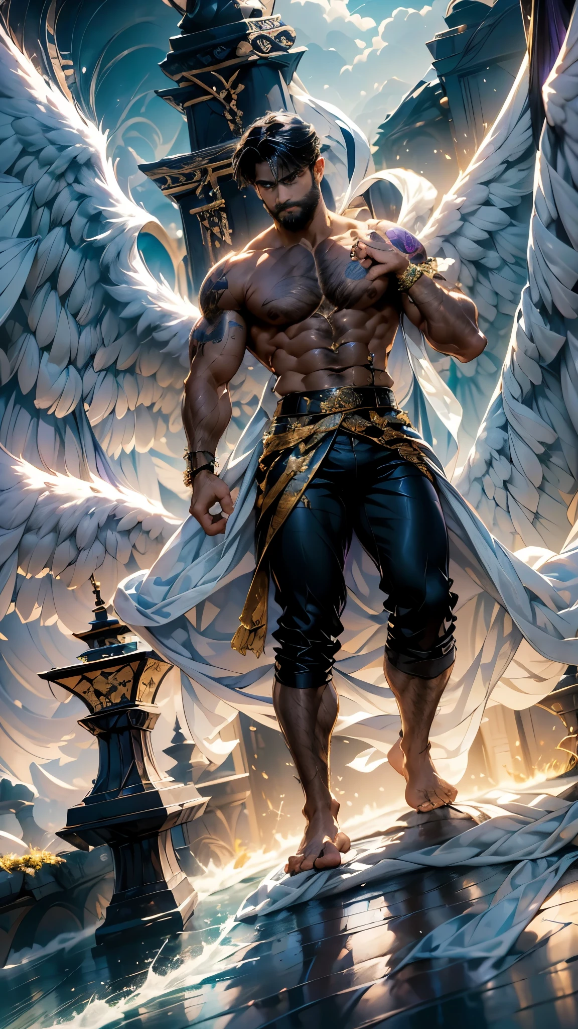 Daegan(1), male_character, detailed_face, no more characters, angel wings (symmetrical style), blue eyes (iris color), small beard, black hair, blue pants, Shirtless, tattooed, arm pointing sky (body), visual harmony, epic scenery, extremely detailed CG unity 4k wallpaper, best quality, amazing quality, very aesthetic, (ominous shadows:1.1), (flowing robes:1.1), (detailed folds and creases:1.1), (intense purple aura:1.2), (symbols of power surrounding him:1.1), (magical energy radiating:1.2), (spellcasting gestures:1.1), (ethereal particles:1.1), (dynamic pose:1.2), (epic soundtrack:1.2), (sense of awe:1.1), (magical prowess:1.1), over power, power up, sphere, extreme, focused.