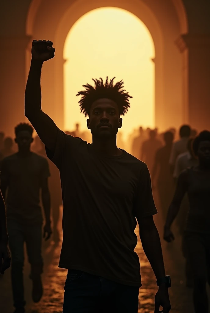 Realistic image of a black man, cabelo Black Power, clenched fist in sign of resistance, heading towards a light in a tunnel, a spiritual light, you can't see the face of this man.
The idea is that on the path of light everyone is black