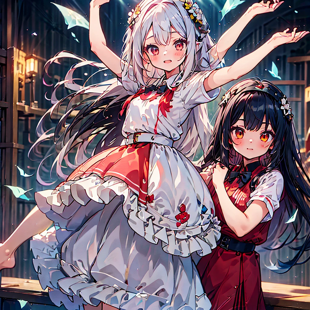 1girl,Little、cute、Primary school students、Red short-sleeved dress、Gray Hair、Red School Bag、Skipping、Facing sideways towards the audience、Yellow simple background