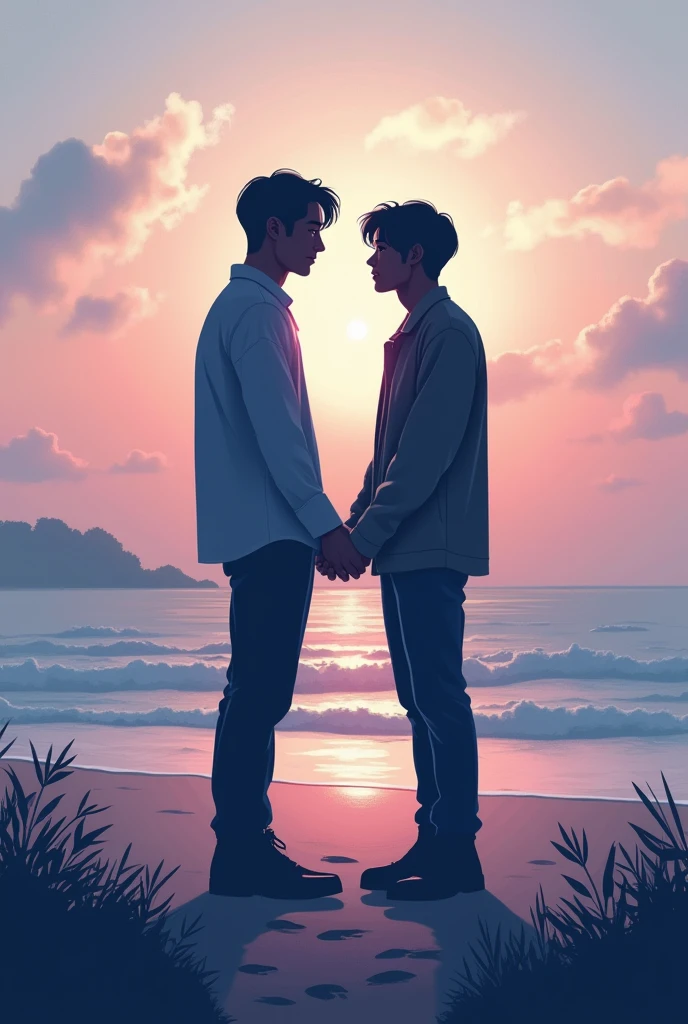 Un design avec deux silhouettes d’hommes Jungkook et Jimin se tenant la main ou se regardant intensément, symbolisant leur connexion profonde. Le fond pourrait être un dégradé de couleurs douces, comme des bleus et des violets, avec un paysage apaisant, comme une plage au coucher du soleil ou une forêt tranquille, et des éléments subtils qui suggèrent une connexion intime, comme deux chemins se rejoignant ou des empreintes côte à côte.