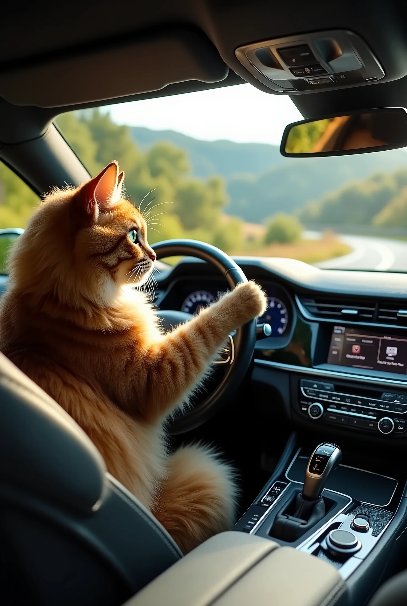 Create a high-quality image of a cat driving a car. The cat should be depicted as sitting in the driver's seat with its paws on the steering wheel, looking focused and determined. Ensure the cat is shown in a realistic and detailed manner, with its fur and facial expressions clearly visible. The car should be well-defined and styled appropriately, with the interior details, such as the dashboard and seats, clearly visible. The background should be dynamic, suggesting motion, such as a road or scenery passing by. Use soft lighting and ensure the entire scene is in high resolution with vivid details. The image should be hyper-realistic, clear as crystal, 8K UHD, and exhibit ultra photo realism.