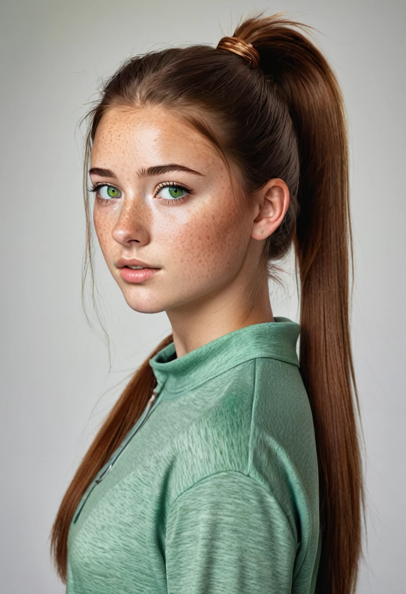 Teenage girl with a ponytail, freckles, green eyes and brown hair. Beautiful and realistic.