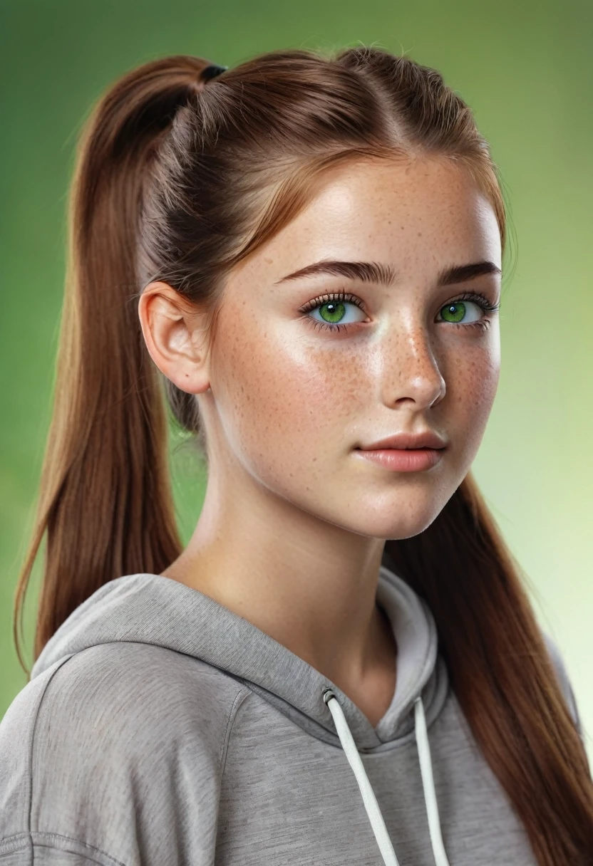 Teenage girl with a ponytail, freckles, green eyes and brown hair. Beautiful and realistic.