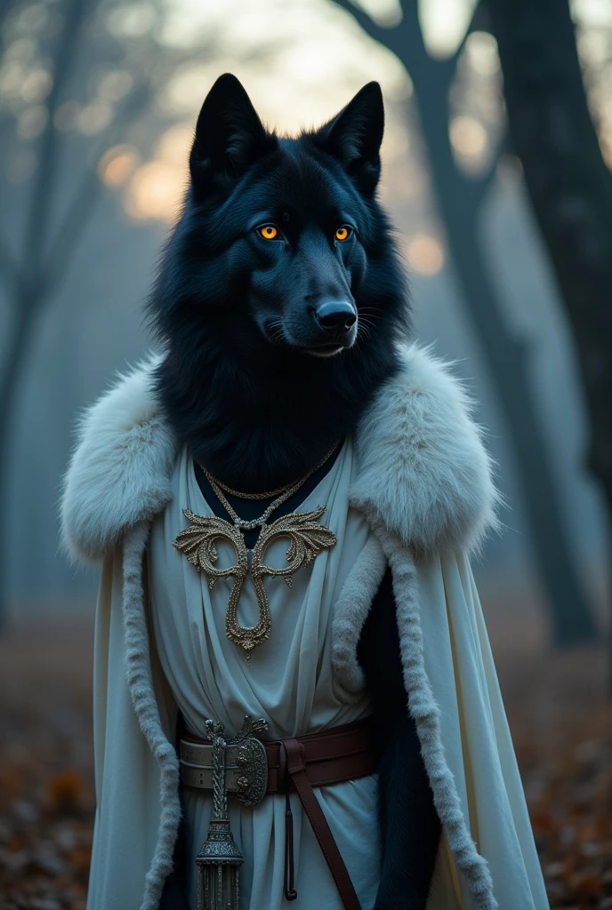 black wolf and realistic 3x4 with white clothes, fiery eyes
