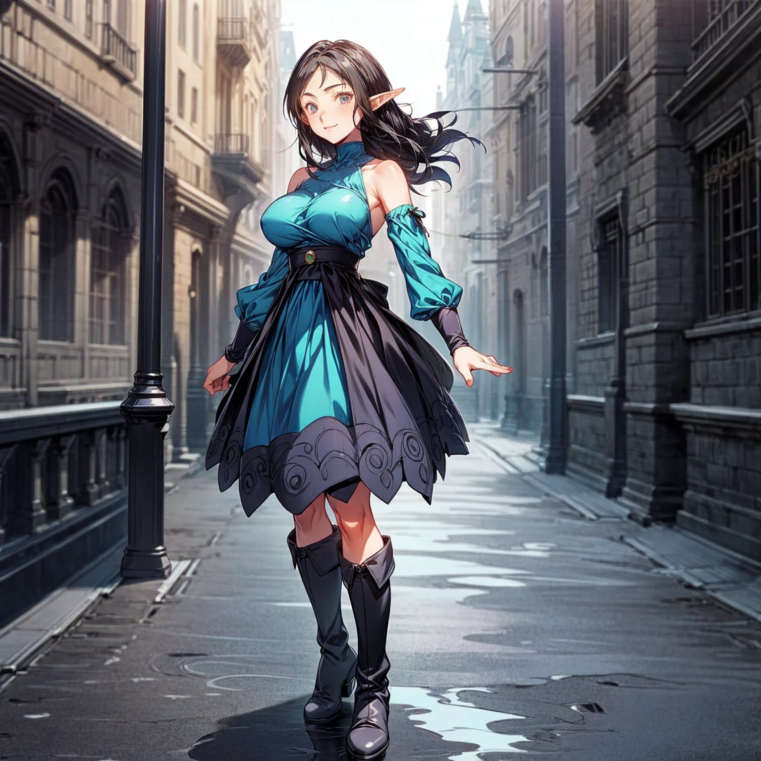 Solo character, full body version, old girl, (elf), black eyes, black color hair, long haircut, blue dress, short dress, bare shoulder, boots, outdoor, town, medieval, standing gesture, detailed background, detailed clothing, detailed hair, (Hunter x Hunter style art, Doraemon style art), big breast, happy eyes, smile mouth 