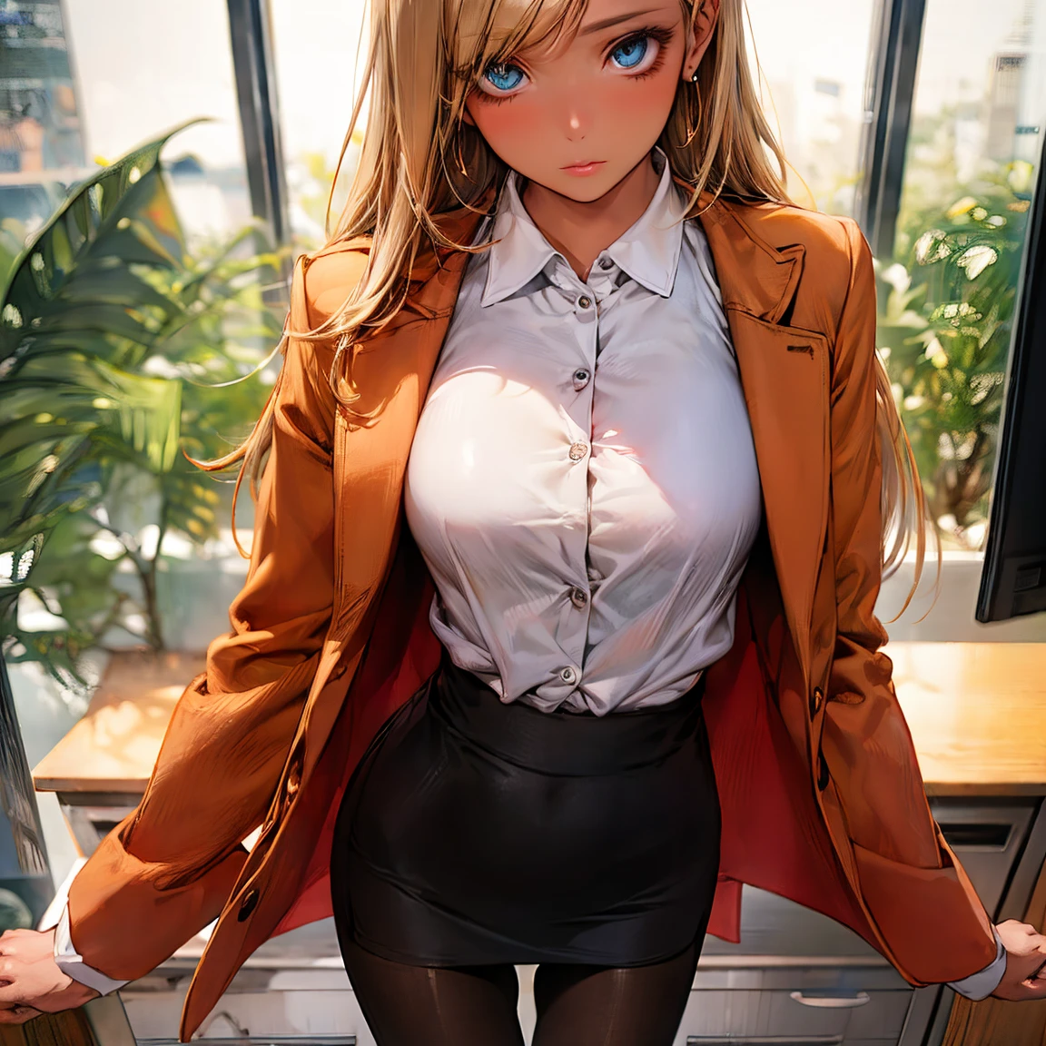 (nsfw:1.5),masterpiece, best quality, 1 girl, solo, teenager, large breasts, light brown eyes, dark skin:1.5,((Beautiful and exquisite face and eyes:1.2,Big beautiful eyes:1.3,)),(Blonde, Long Hair,(Center parted hair:1.4,) , office staff suit, jacket, pencil skirt, upper body, standing, office, panties under pantyhose, standing split