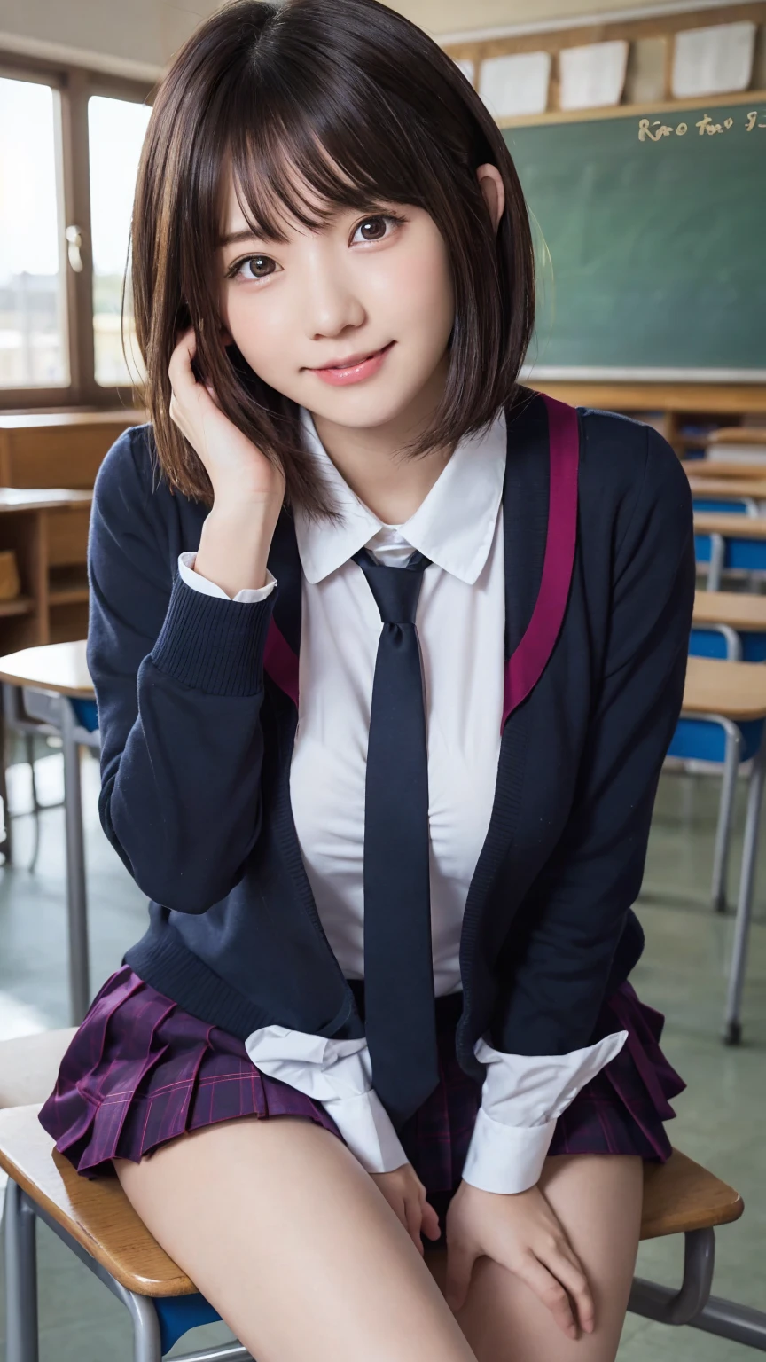 beautiful girl, One Girl, (School uniforms, Delicate girl:1.3), (16 yo:1.3), break, (classroom:1.2), break, Embarrassed Laugh, Very beautiful eyes, (Symmetrical eyes:1.3), break, (Big Breasts:1.2), Brown eyes, Parted bangs, Brown bob cut hair, Round face, cute, break, (Eye and facial details:1.0), Spread your legs, Shooting from below, Pussy Line, Camel Toe, Looking into the camera, masterpiece, Highest quality, RAW Photos, Realistic, Cute Girls, Written boundary depth, High resolution, Very detailedな, In detail, Very detailed, Very detailed目と顔, Sharp pupils, Cinema Lighting