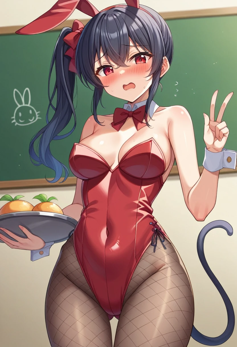 1 person、Long Hair、chest、blush、Mouth open、bangs、大きなchest、shirt、Black Hair、Red eyes、 1 person、ribbon、Animal Ears、Exposing shoulders、、破れたleotard、Torn fishnet stockings、Exposing her belly button、Are standing、tail、白いshirt、Heterosexual、pantyhose、Solo Focus、A bow tie、Bunny ears、Side Ponytail、leotard、She is taking off her fishnet collar.、偽のAnimal Ears、High leg、Playboy Bunny、Raising his leg、片足でAre standing、chestを露出している、ウサギのtail、vapor、黒のleotard、No Face、tray、No Faceの男性、偽のtail、blackboard