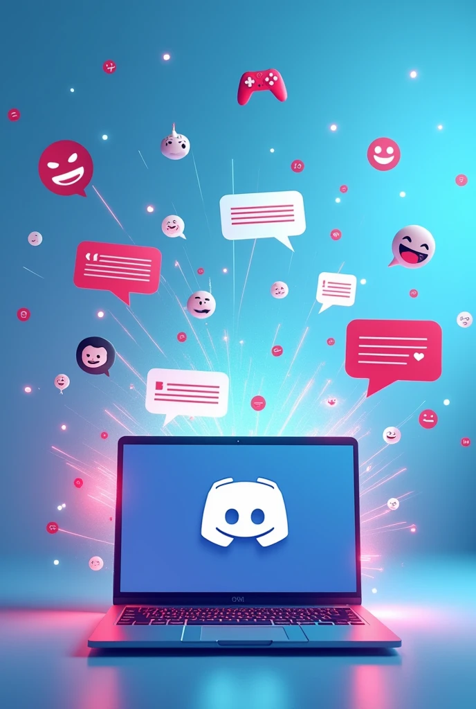 Internet concept background, Use light blue colors with red and black details, message elements ((games and chat)) between friends, open the computer with the Discord symbol, conversations and games, many friends chatting from afar through chat bubbles
In the same vein, use more graphical elements that refer to the internet