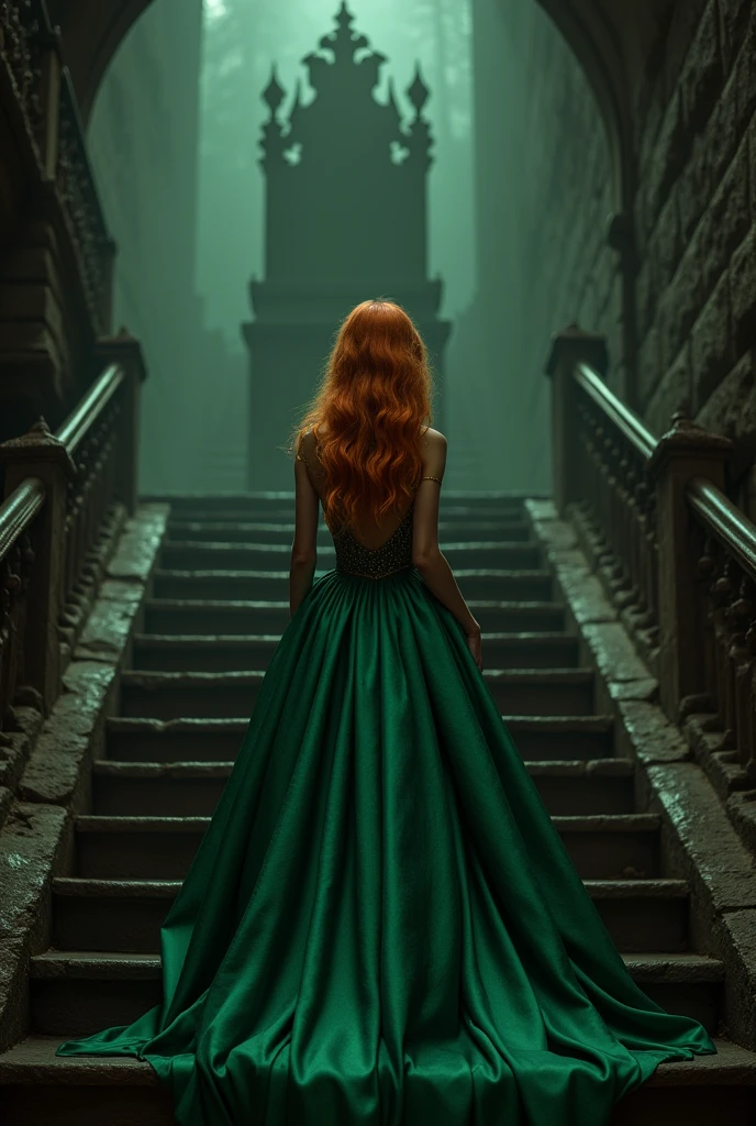 A 22-year-old girl, with white skin and red-blonde hair with golden streaks and emerald green eyes, Turning her back, she didn't show her face. She wore a billowing green ball gown, standing on a tall, dark staircase leading towards a dimly lit, medieval throne..