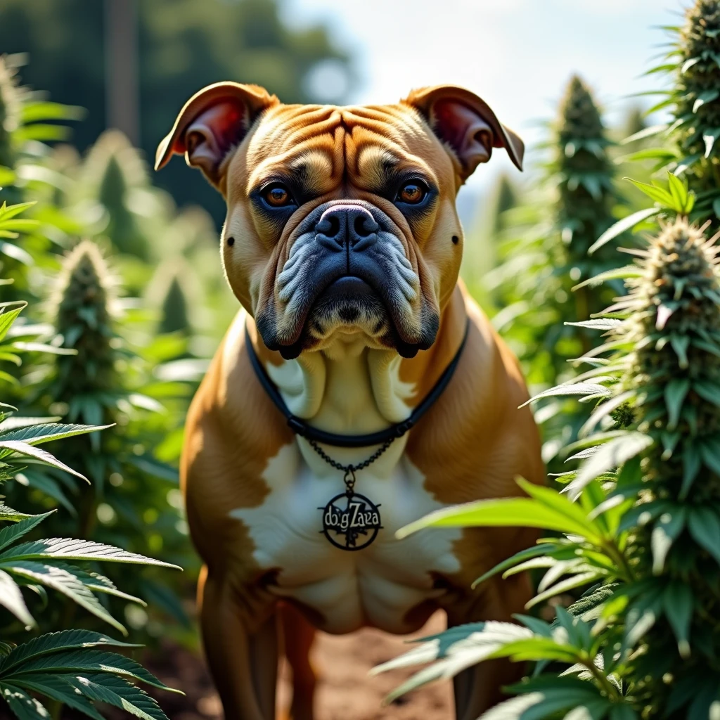 Half angry bulldog with a pendant that says dogZaZa With countless cannabis buds on a plantation
