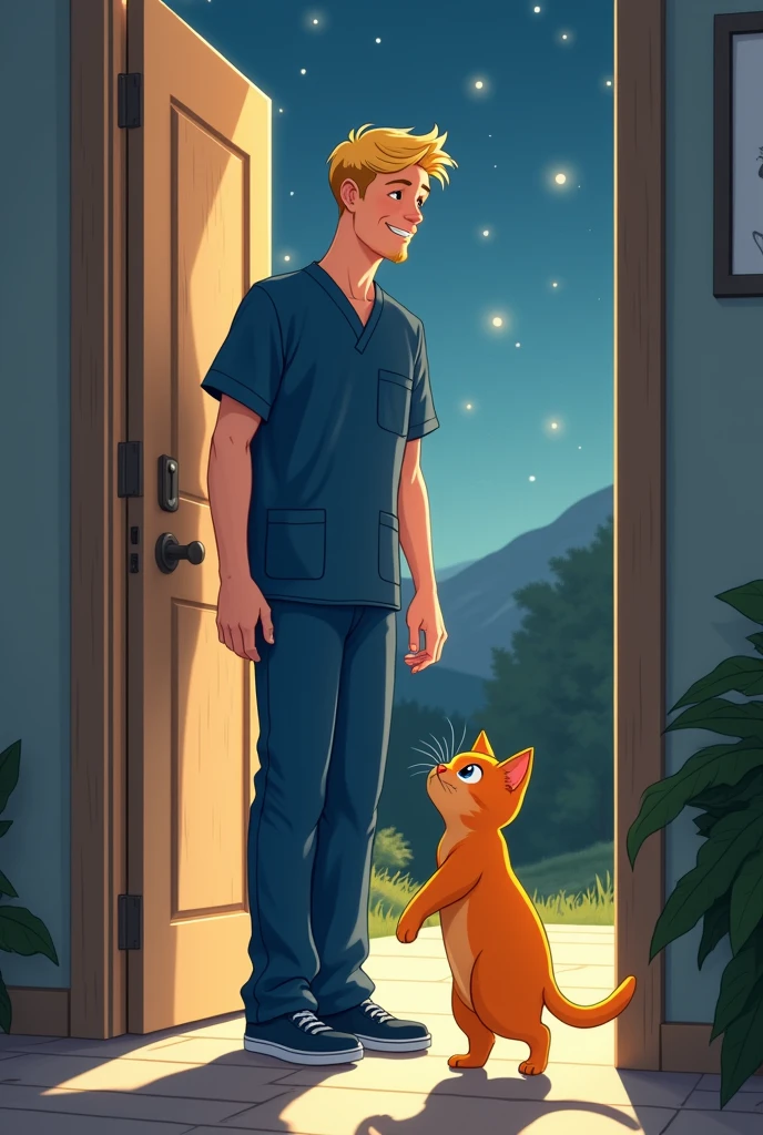 Can you create a cartoon animation that looks hand-drawn, where a painting comes to life?, one piece , A tall, thin, blonde nursing student in a navy blue medical uniform, He will enter and his orange cat will greet him, that it's tender and looks like a cartoon, the background can be a painting of the starry night, It can be with less color, that it looks like a cartoon and it is to print in a photo frame, I need the student to be entering his house and the kitten to welcome him tenderly, It is for printing so it should be less colorful, almost black and white., It could be the first image you created but with less color and more aesthetic.