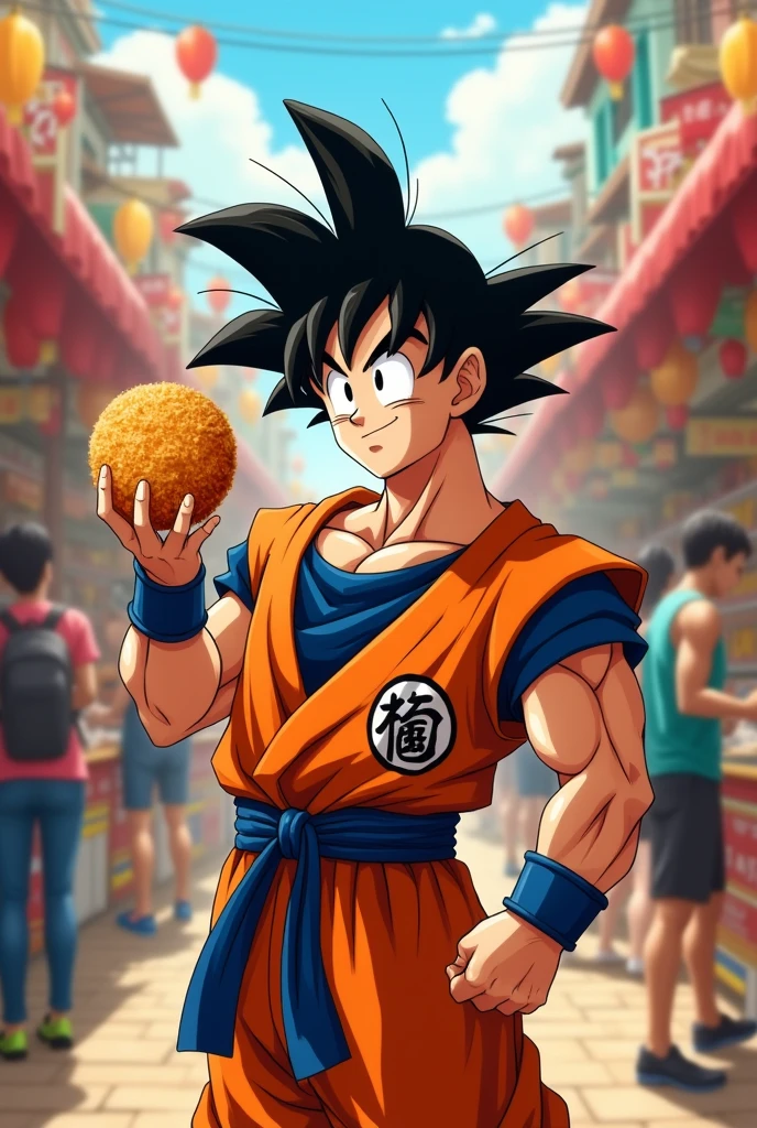 adult goku with a fried cake