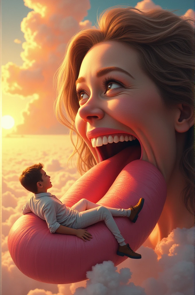 Small man lying on the tongue of a giant woman