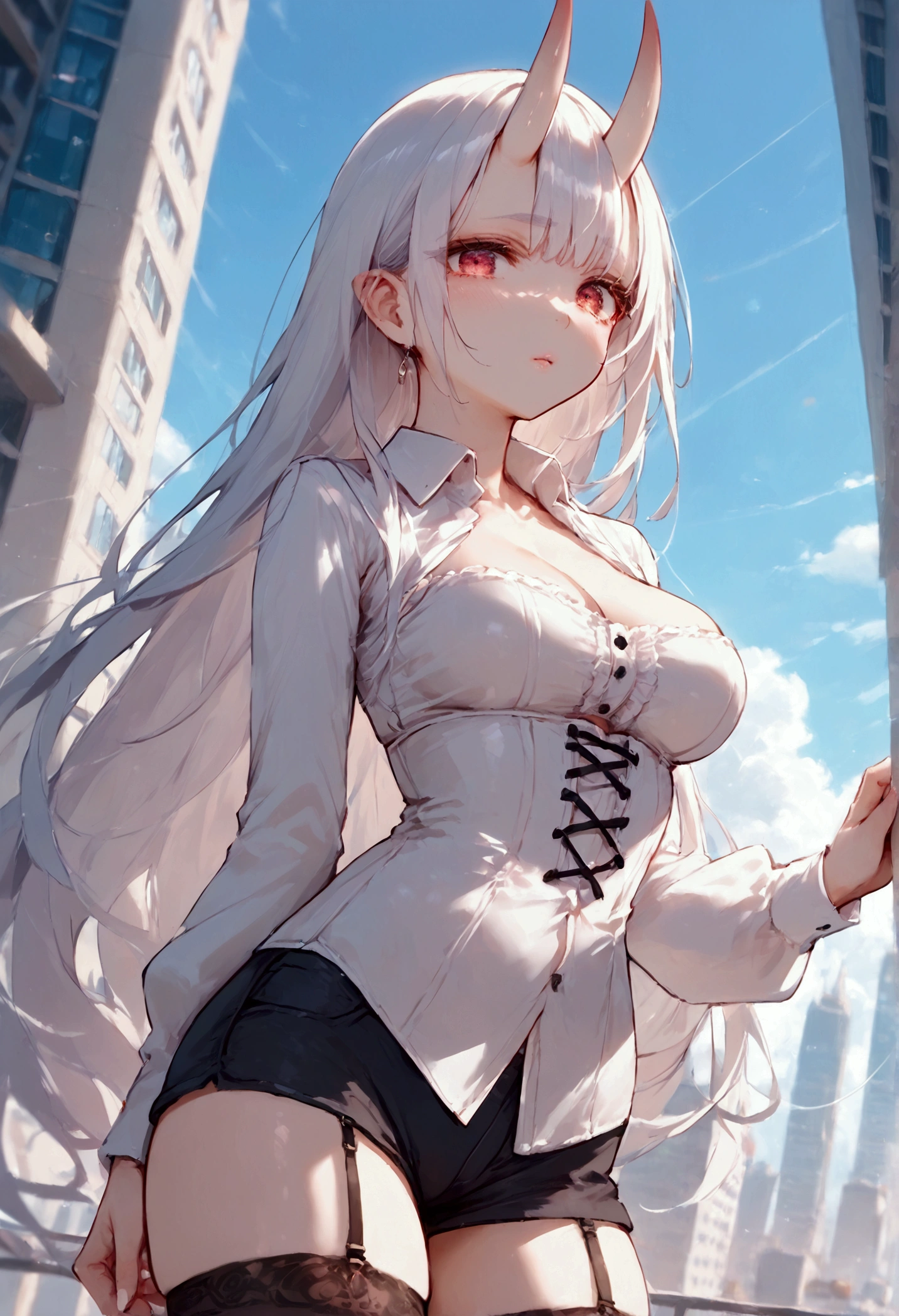 score_9, score_8_up, score_7_up, source_anime, (masterpiece), best quality, expressive eyes, perfect eyes, perfect face, oni girl, oni horns, red eyes, soft lips, long hair, very long hair, wide hips, (white hair:1.2), (white eyebrows:1), (white eyelashes:1), medium breasts:0.5, higuchi madoka, big breasts:0.3, standing, background: City, collared shirt, corset, longs sleeves, black shorts, legwear garter, black pantyhose