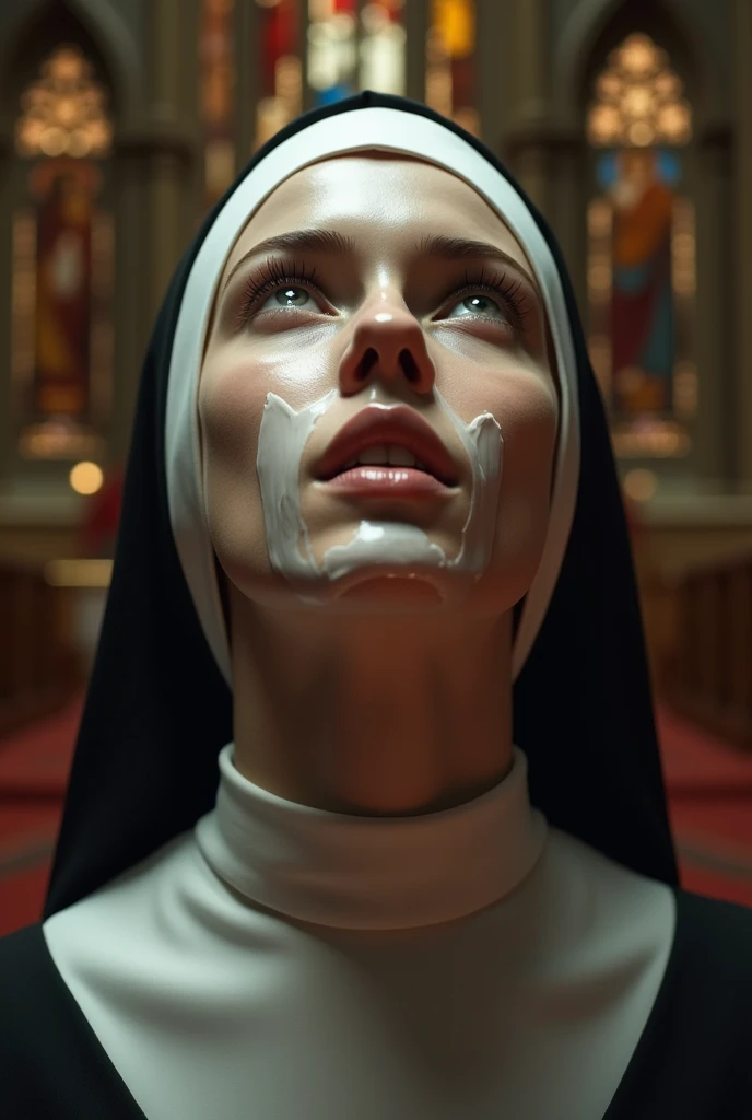 Beautiful young nun, Kneel and look up, At the altar of the chapel, Look up with your mouth wide open,A white turbid liquid covers the entire face.:1.7, Shooting from above, Front of body, (Detailed face, Highly detailed eyes and face, high quality, 8k, Realistic, masterpiece:1.2), (close, High angle shot), The ornate interior of the cathedral, Stained Glass Windows, Warm lighting, Serene atmosphere, religious, spiritual, Dedication, Contemplative