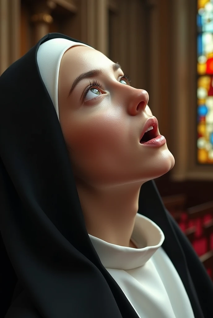 Beautiful young nun, Kneel and look up, At the altar of the chapel, Look up with your mouth wide open,A white turbid liquid covers the entire face.:1.7, Shooting from above, Front of body, (Detailed face, Highly detailed eyes and face, high quality, 8k, Realistic, masterpiece:1.2), (close, High angle shot), The ornate interior of the cathedral, Stained Glass Windows, Warm lighting, Serene atmosphere, religious, spiritual, Dedication, Contemplative