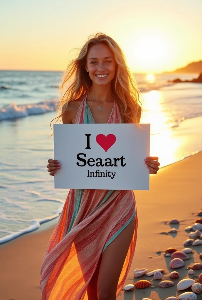 Beautiful girl with wavy long hair, bohemian dress, holding a white board with text "I Love Seaart Infinity" and showing it to the viewer