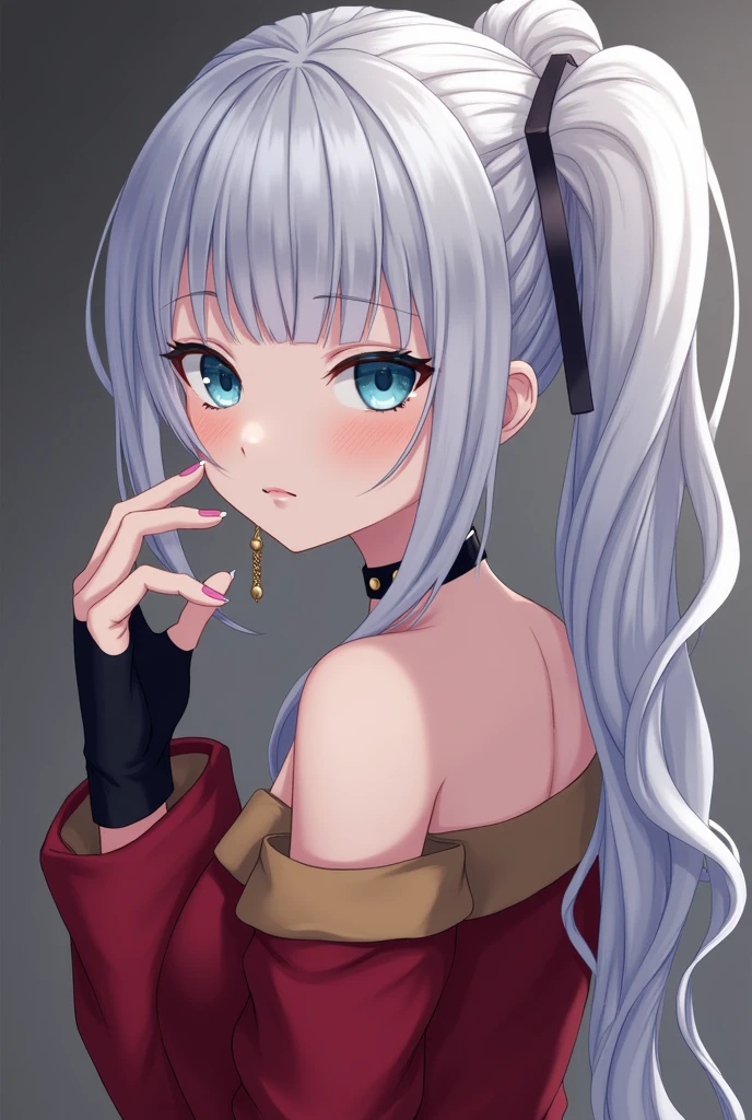 One person, Aqua Eye, return, bangs, Exposing shoulders, black gloves, blue eyes, Braiding, choker, Earrings, fingerless gloves, From behind, gloves, Grey Hair, Holding, Jacket, jewelry, Long Hair, View your viewers, looking return, Manicure, Off the shoulder, Lips parted, Earrings, ponytail, red Jacket, alone, Upper Body,He didn&#39;t,[[Realistic]],(Glowing Skin),(masterpiece:1.4),(Highest quality:1.4)