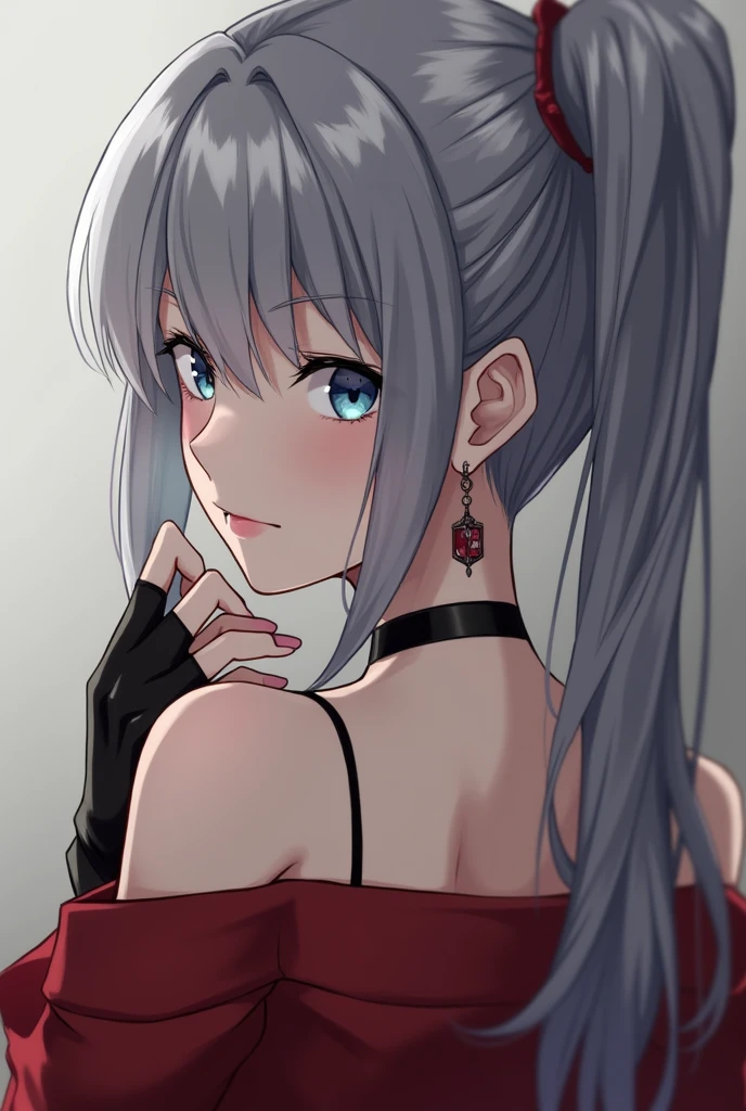 One person, Aqua Eye, return, bangs, Exposing shoulders, black gloves, blue eyes, Braiding, choker, Earrings, fingerless gloves, From behind, gloves, Grey Hair, Holding, Jacket, jewelry, Long Hair, View your viewers, looking return, Manicure, Off the shoulder, Lips parted, Earrings, ponytail, red Jacket, alone, Upper Body,He didn&#39;t,[[Realistic]],(Glowing Skin),(masterpiece:1.4),(Highest quality:1.4)