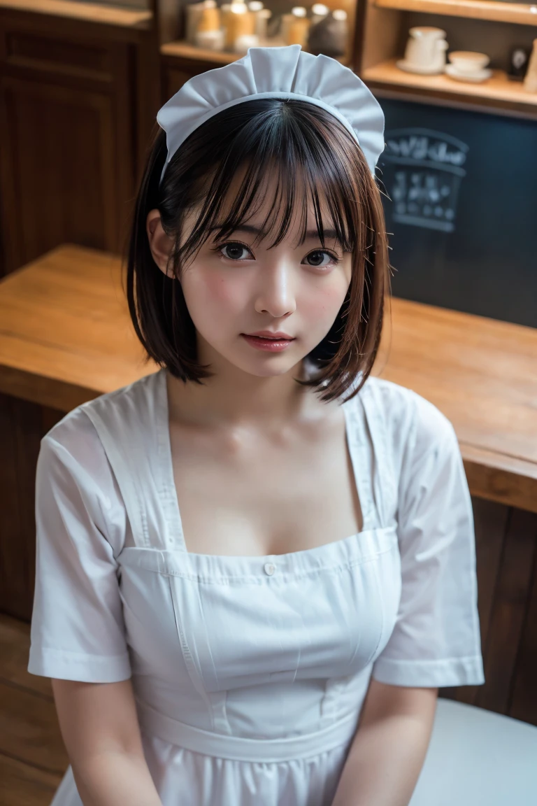 , Highest quality,  Very detailed, finely, High resolution, 8k wallpaper,  finelyて美しい目, ,Natural color lip, ,2、cute 、Light brown hair,finelyて美しい目,Natural Lip,、、Drooping eyebrows、smile、,Short Hair、close、On all fours、maid costume,(8k, RAW photo, best quality, masterpiece:1.2), (realistic, photo-realistic:1.4), (extremely detailed 8k wallpaper),Photo of a beautiful Japanese idol 20 years old woman.
