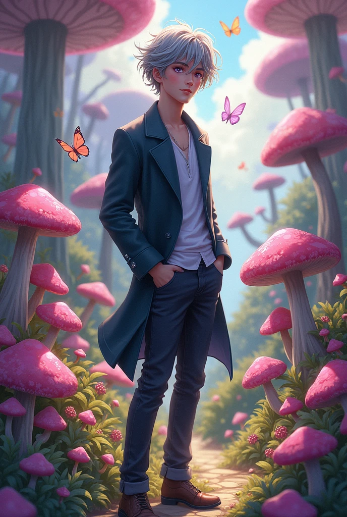 An 18-year-old handsome teenager with purple eyes and gray hair in Wonderland
