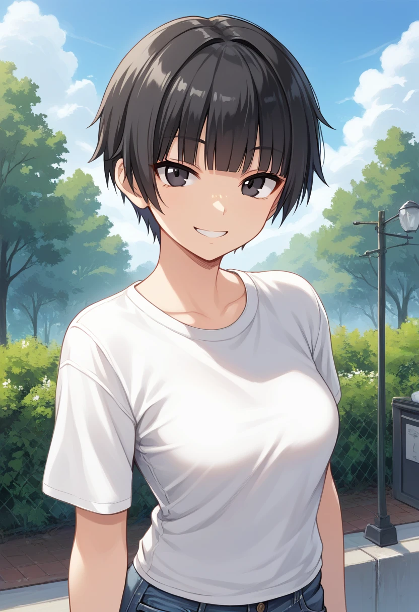 1girl, solo, tomboy, straight hair, short hair, blunt bangs, black hair, score_9, black eyes, white t-shirt, jeans, outdoors, upper body, looking at viewer, smile