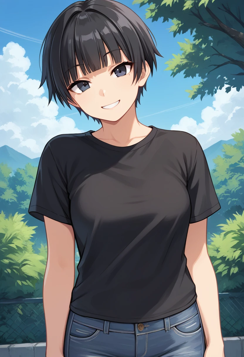 1girl, solo, tomboy, straight hair, short hair, blunt bangs, black hair, score_9, black eyes, white t-shirt, jeans, outdoors, upper body, looking at viewer, smile