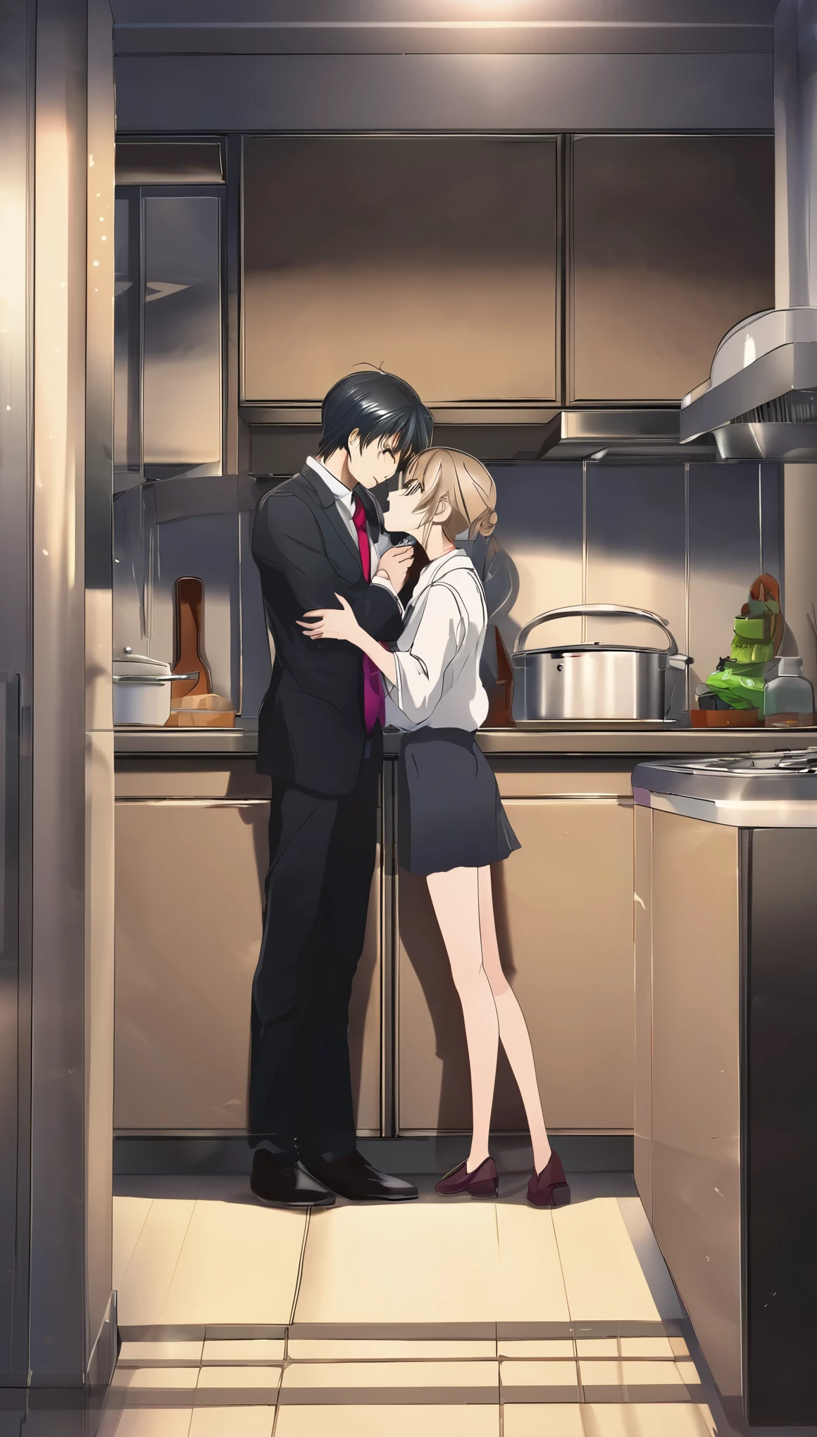 score_9, score_8_up, score_7_up, source_anime, 1boy, 1girl, mature female is smiling, mother and son, kid, son's back against the wall, in a kitchen, ass grab, night time, business suit, kissing gently