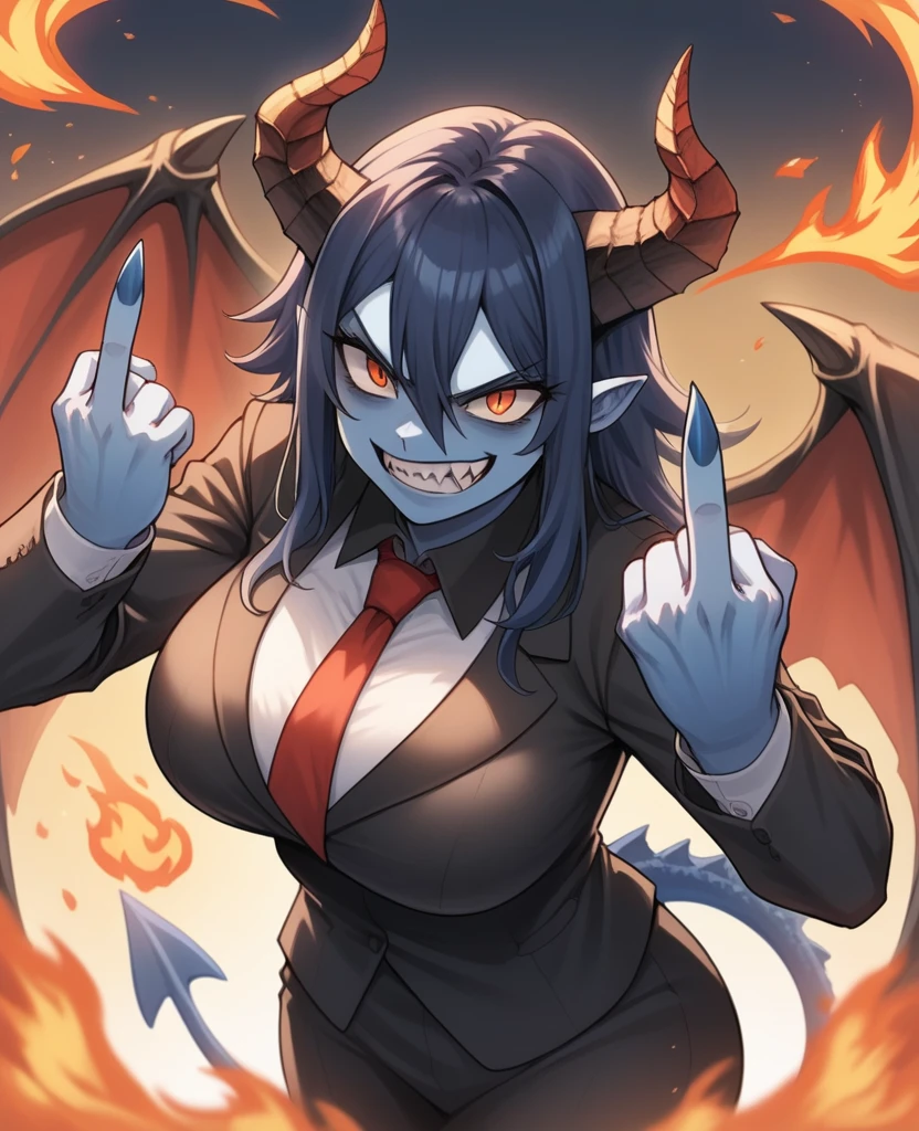 (masterpiece), expressive face, drunk, alcohol,1women, perfect eyes, dynamic lighting, MILF, female women, skin, face, anime style, orange eyes, long eyelashes, glowing blue scales on face, Godzilla blue spiky scale tail, thick thighs, massive breasts, blue claws, blue shoulder length hair, blue scales, fangs, angry, middle finger, angry, rage, 1girl, wings, horns, solo, armor, smile, breasts, blue skin, looking_at_viewer, fire, long_hair, black_hair, grin, teeth, pauldrons, large_breasts, demon_horns, hair_between_eyes, sharp_teeth, bangs, business suit, , chaos, fire, evil laugh, hands up, drunk, holding, Alcohol