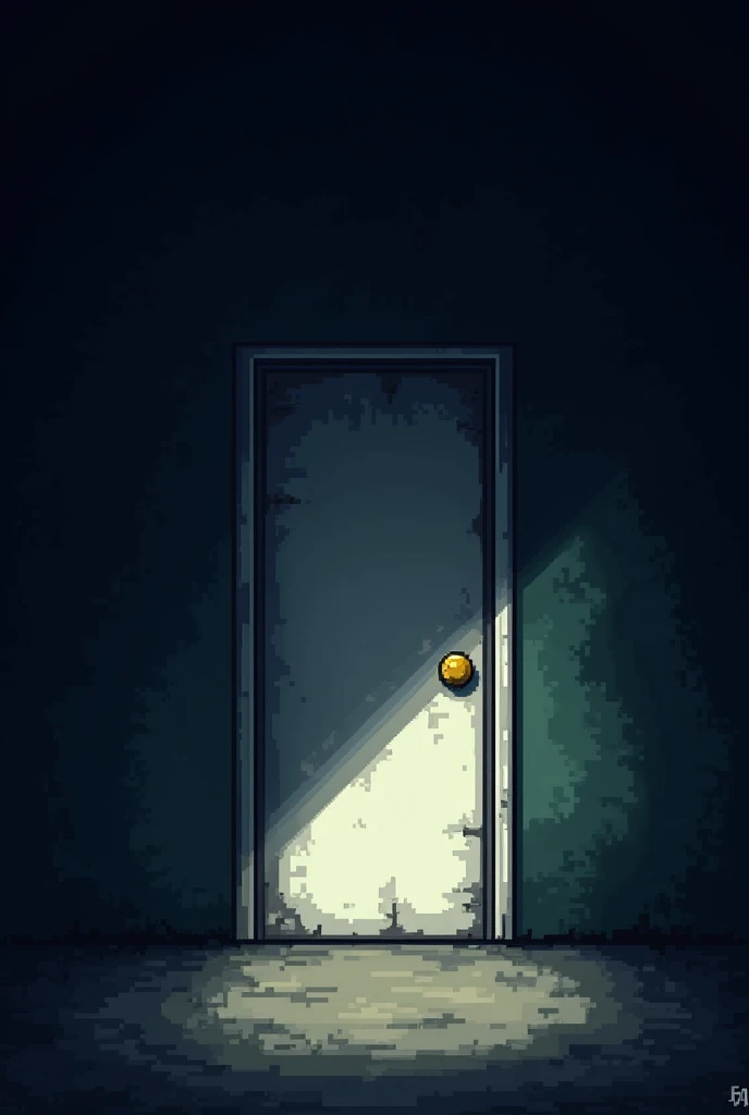 Create an image of a white door with a yellow knob on a dusty house being closed. In the middle of the darkness.,all this with a pixelated style similar to the visual style of Undertale. 