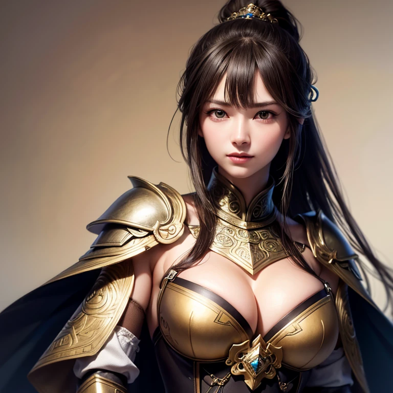 Bikini Armor,Cape,Woman close up, ((Highest quality)), ((masterpiece)),No background,Simple Background,(Very intricate details),One person,Cute Ponytail,Long Hair,(Big Breasts),Large breasts and cleavage,Highly detailed face and skin texture,Looking into the camera,Perfect beauty: 1.4, fine grain,double eyelid, Whitening skin,Highest quality,Ultra-high resolution,Simple Background, Chinese Warrior